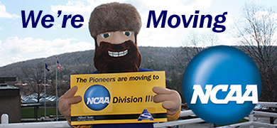 Alfred State's Orvis the Pioneer with sign stating "The Pioneers are moving to NCAA Division III"