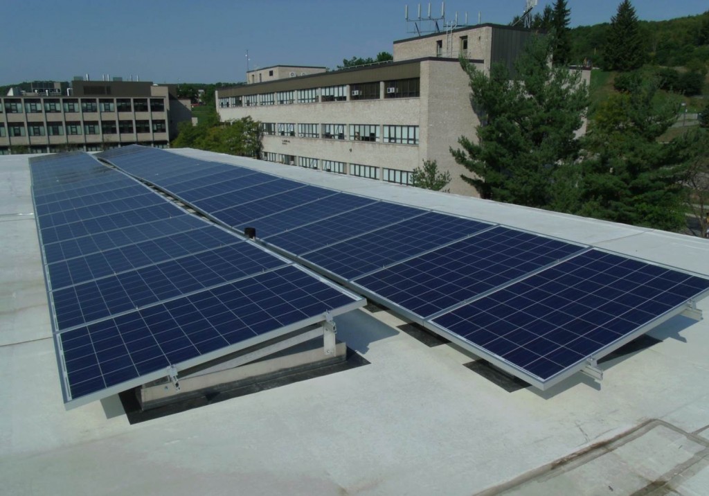 Alfred State Physical and Health Sciences building roof with solar panels in rows