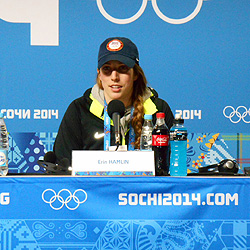 Erin Hamlin ’11 Empire State College, replies to questions at a press conference immediately after winning a bronze medal in luge, women’s singles, at the 2014 Winter Olympics.