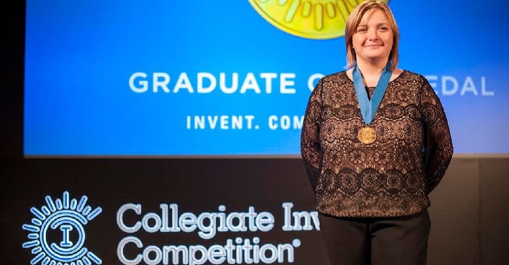 Stony Brook University graduate, Katarzyna (Kasia) M. Sawicka, PhD (’04, ’05, ’14), at the national Collegiate Inventors Competition for her invention. Photo Credit: Amando Carigo, Collegiate Inventors Competition.