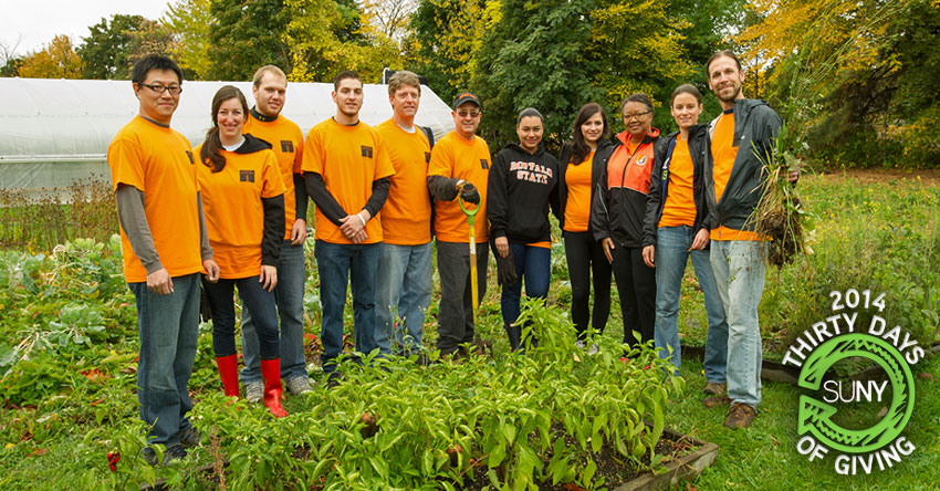 Students at SUNY Buffalo State work in a community garden.