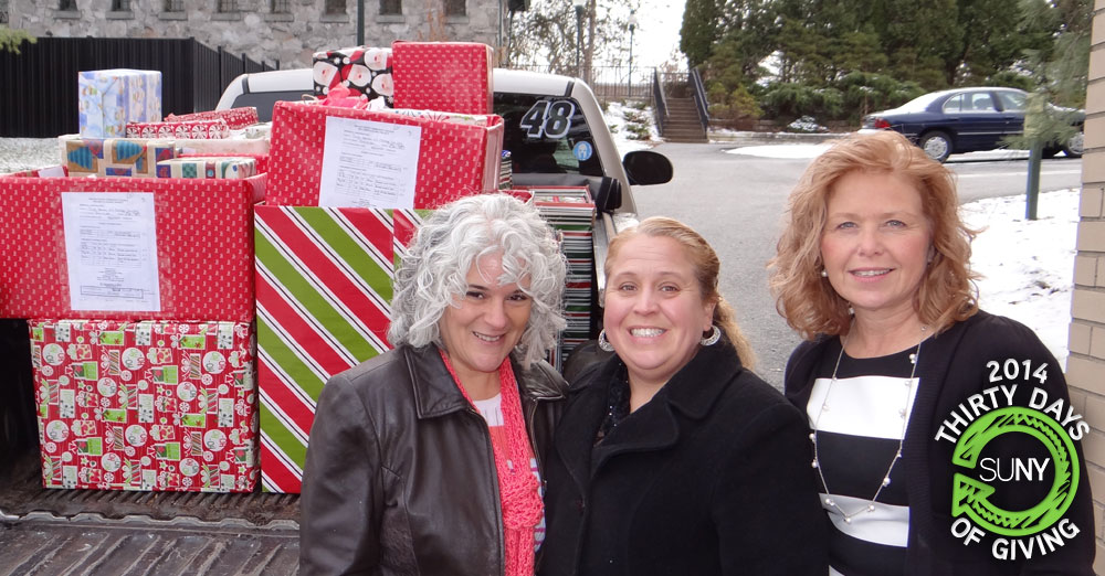 Gifts loaded onto a pickup truck for the Adopt-a-family effort at SUNY Orange
