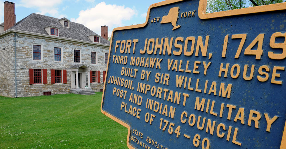 Old Fort Johnson building and sign.