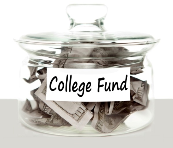 Glass jar filled with money with a label marked College Fund on it.