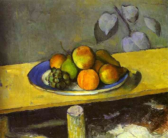 Old painting of fruit on plate on yellow table. 