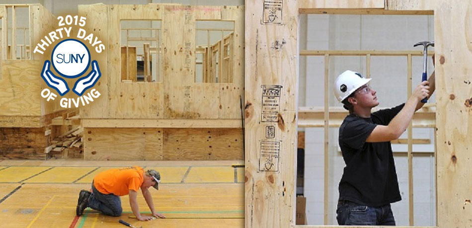 Students at Hudson Valley Community College build walls for a house for Habitat for Humanity