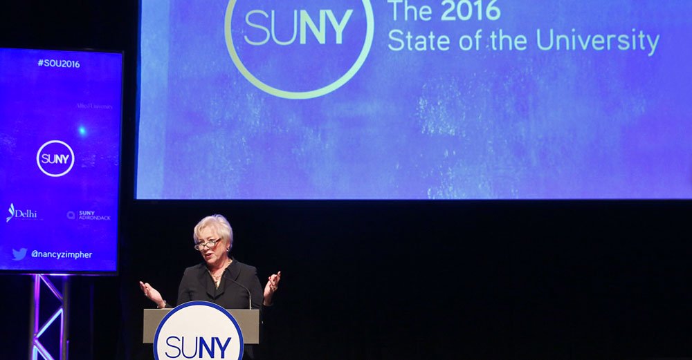 Chancellor Zimpher on stage giving the 2016 State of the University address