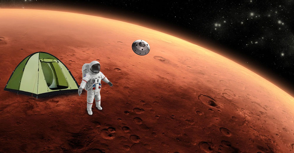 Astronaut outside of camping tent on Mars. 