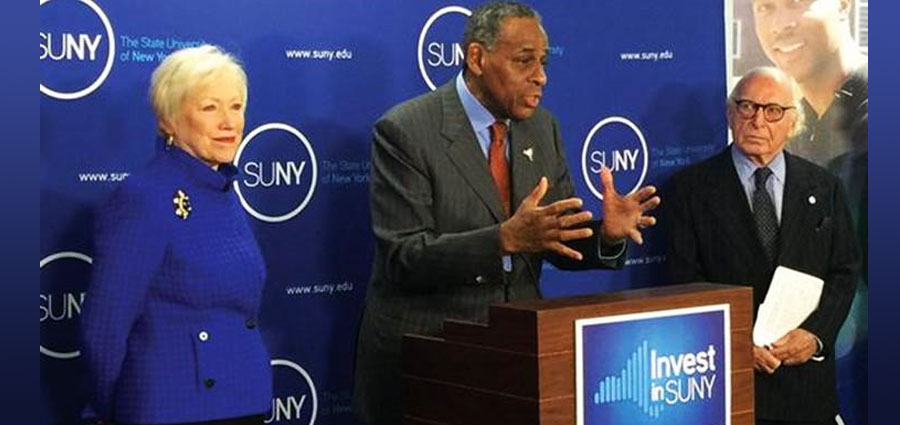 SUNY Board of Trustees Chairman Carl McCall, Chancellor Zimpher, and board member Carl Spielvogel at press conference