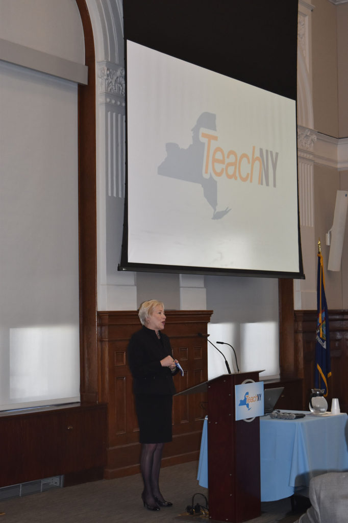 Chancellor Zimpher speaks during the TeachNY event at SUNY Plaza.