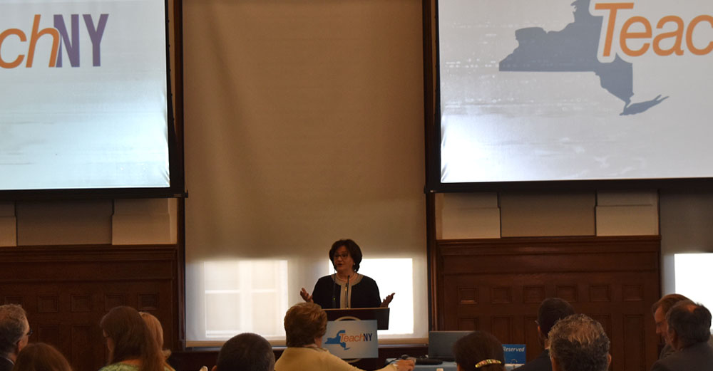NYS Department of Education commissioner MaryEllen Elia speaks at the TeachNY launch at SUNY Plaza.