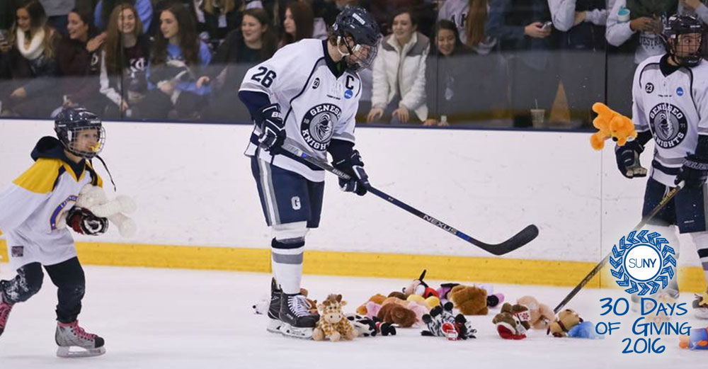 SUNY Geneseo hockey players gather stuffed animals on <a href=