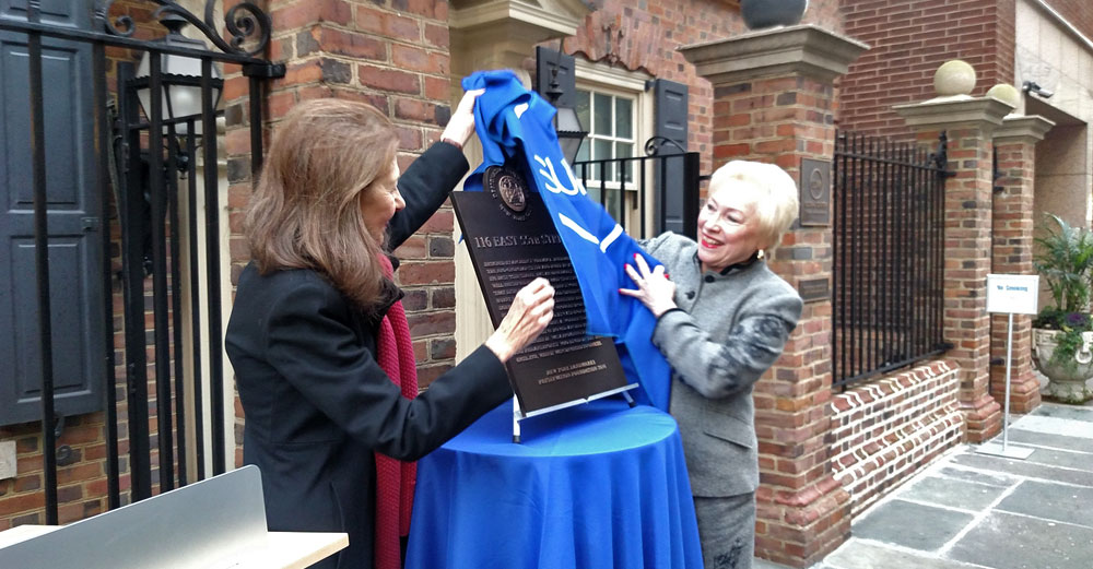 SUNY Global Center historical landmark plaque outside with Chancellor Zimpher.