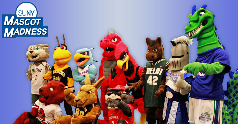 Mascots sitting and standing with Mascot Madness logo over top