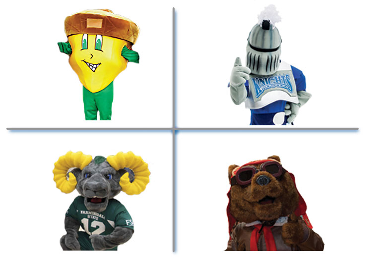 SUNY Mascots - oakie the acorn, ram-bo, victor e. knight, red baron