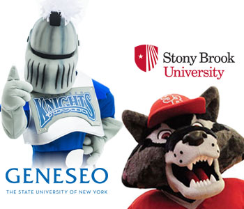 Geneseo mascot Victor E Knight and Stony Brook mascot Wolfie Seawolf