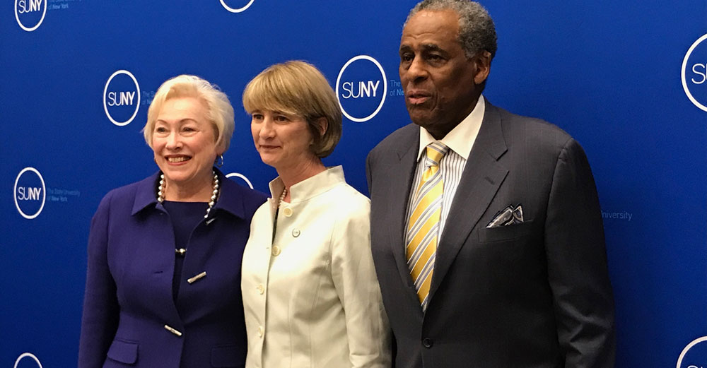 Newly elected Chancellor of SUNY Kristina M Johnson stands between Chancellor Nancy Zimpher and Board Chairman Carl McCall