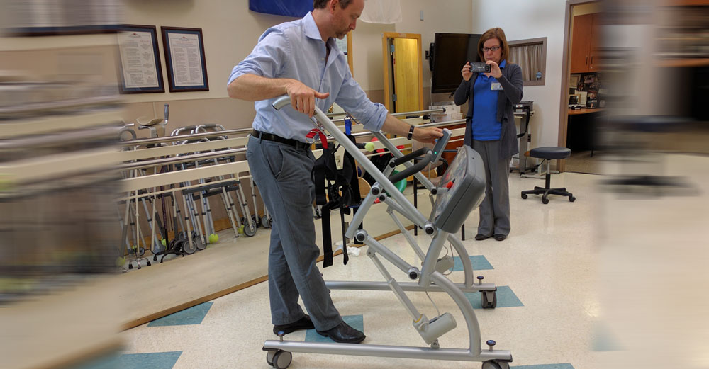A man testing a Purwar Mobility Device at Stony Brook University