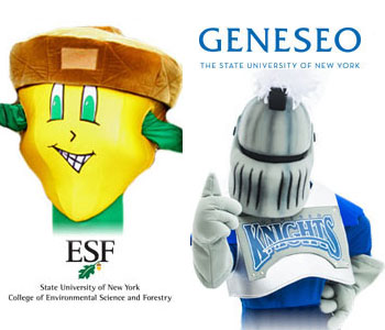 ESF mascot Oakie the Acorn and Geneseo mascot Victor E Knight. 