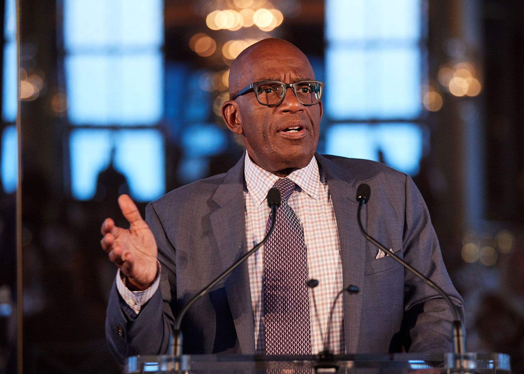 Al Roker speaks at the podium at the EOP 50th anniversary benefit gala in the Rainbow Room in NYC.