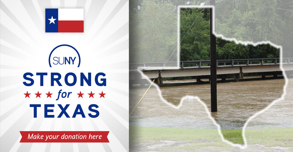 SUNY Strong for Texas logo over the top of a flooded Houston street that happened after Hurricane Harvey.