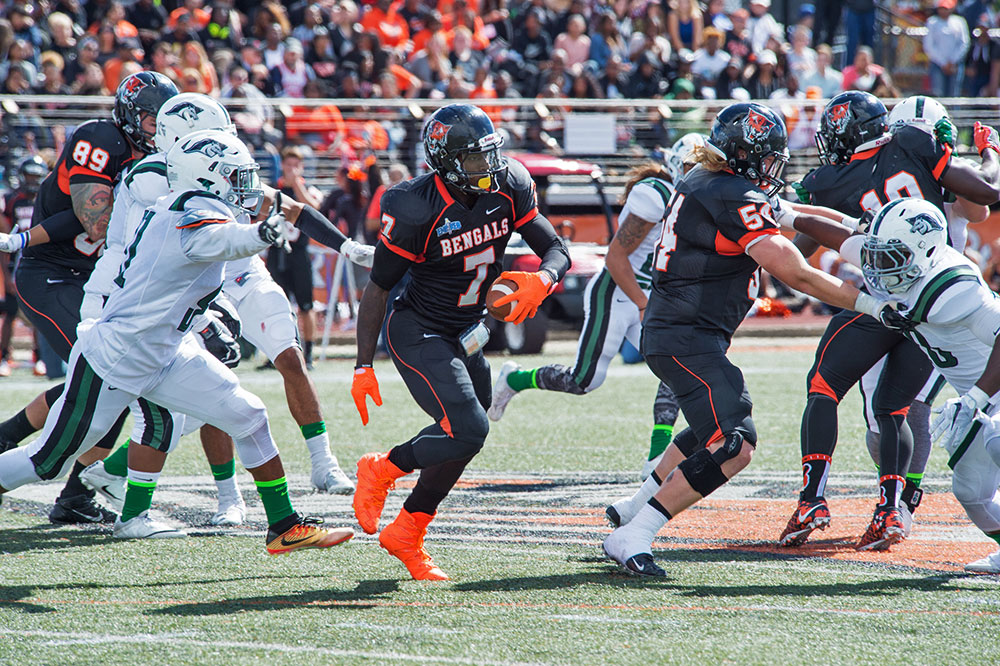A player carries the ball for the Buffalo State Bengals in a football game. 