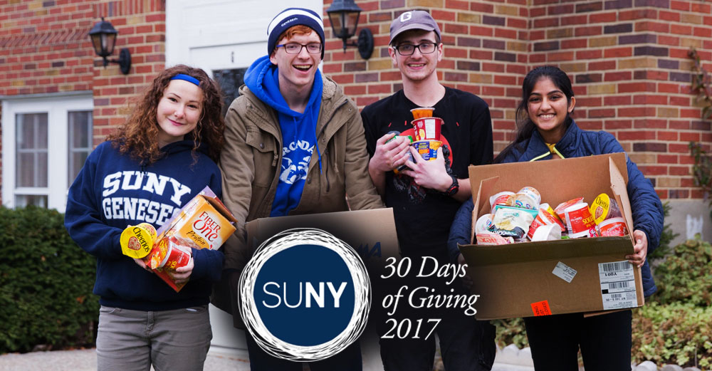 SUNY Geneseo students stand outside with boxes of food items.