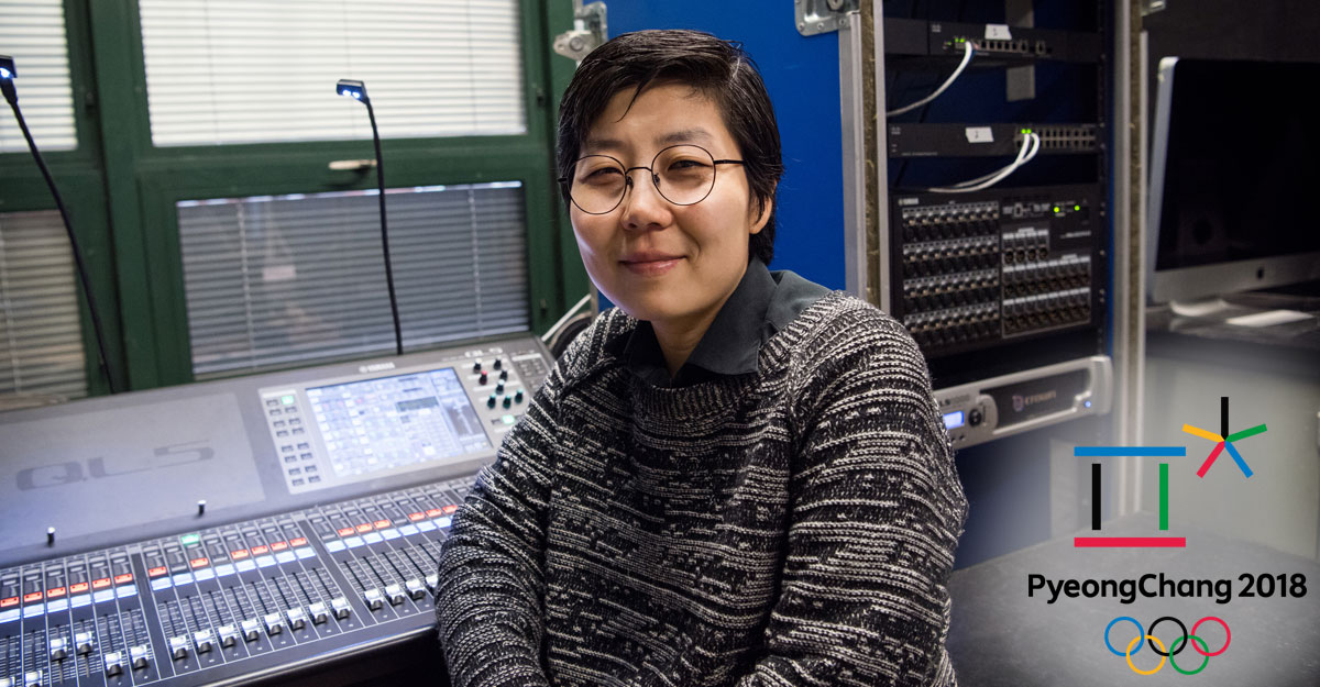 Sun Hee Kil, assistant professor in the Department of Theatre Arts at SUNY New Paltz, sits in a music studio.