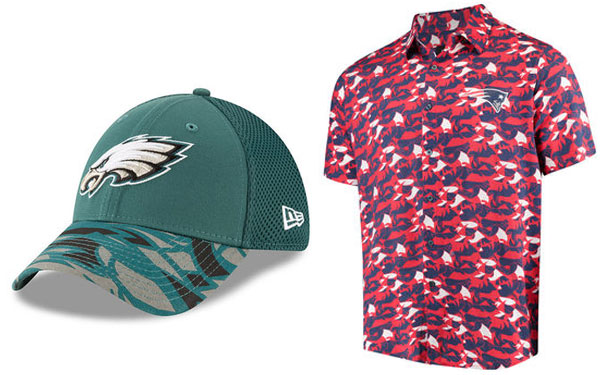Philadelphia Eagles hat and New England Patriots polo shirt in the NFL xFIT design style made by FIT students. 
