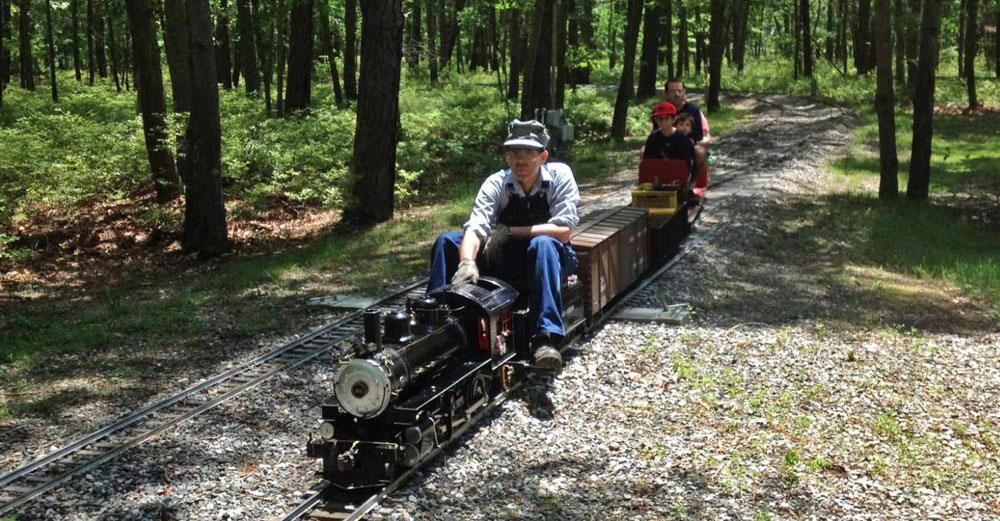 Mini stream train goes between trees as it's ridden by adult engineer with kids in the back.