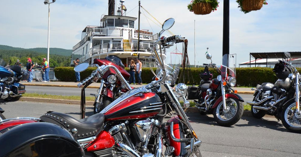Motorcycles in front of the Lake George Steamboat during Americade.