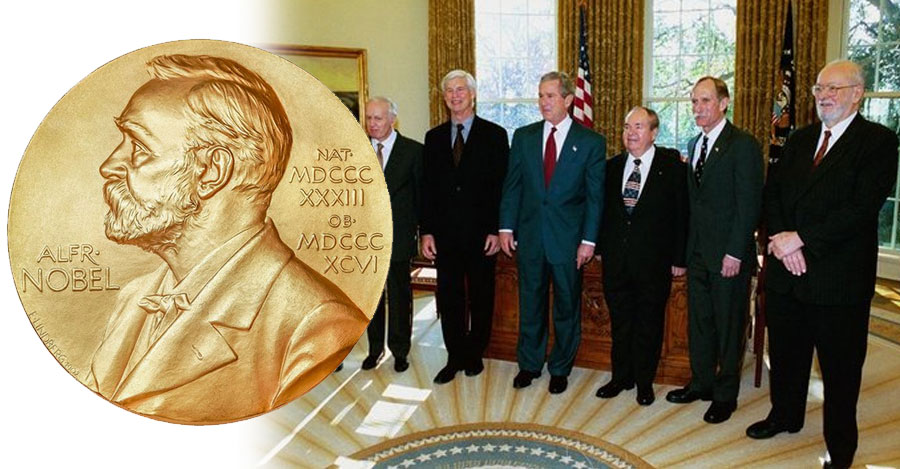 Nobel Prize medal with a picture of former winners with then-president George Bush in the oval office.