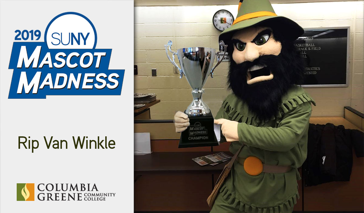 Columbia-Greene Community College mascot Rip Van Winkle with SUNY Mascot Madness trophy