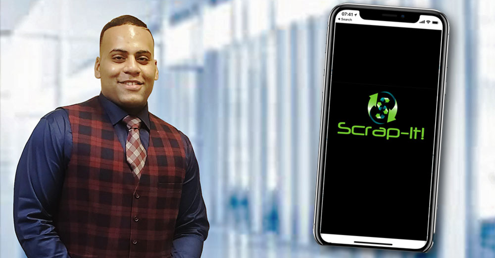 Scrap-it co-founder Orville Davis and a phone with the Scrap-it logo on it.