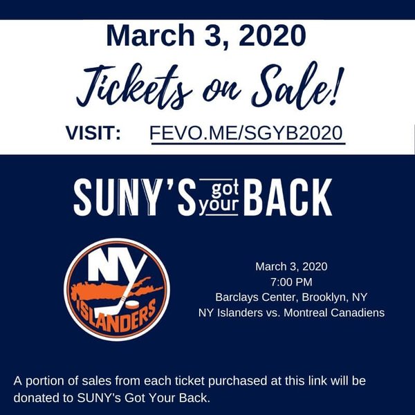 SUNY's Got Your Back flyer for the Islanders vs Montreal Canadians game at the Barclays Center