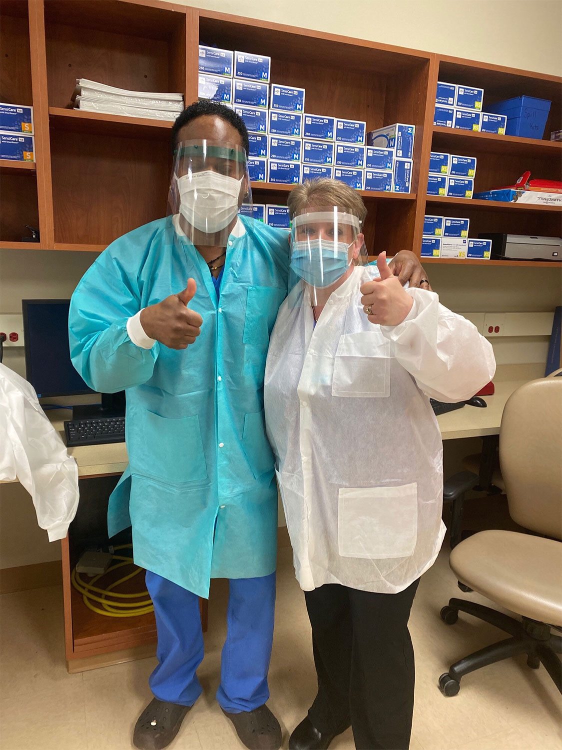 Phlebotomists at the Orange Regional Medical Center show their appreciation for the new face shields they received that were made at the SUNY New Paltz 3D printing lab.