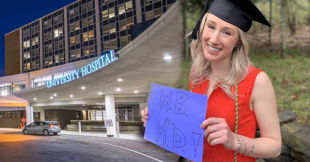 Mary Beth Gadarowski in graduation cap next to a photo of upstate medical university.