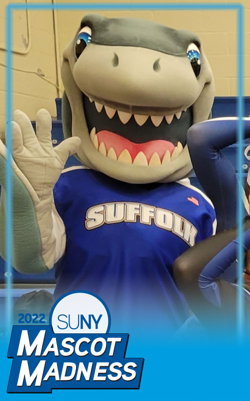 Sufflok County CC mascot Finn the Shark