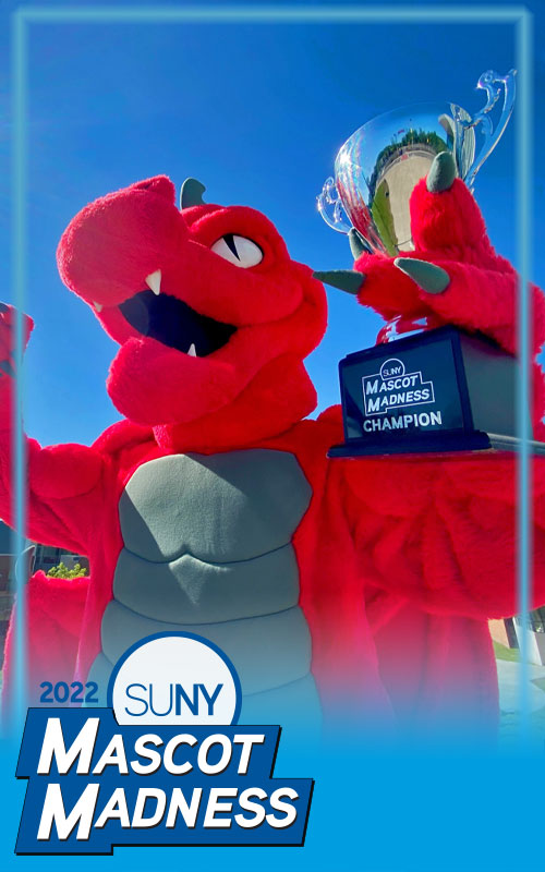 SUNY Oneonta mascot Red the dragon with SUNY Mascot Madness trophy