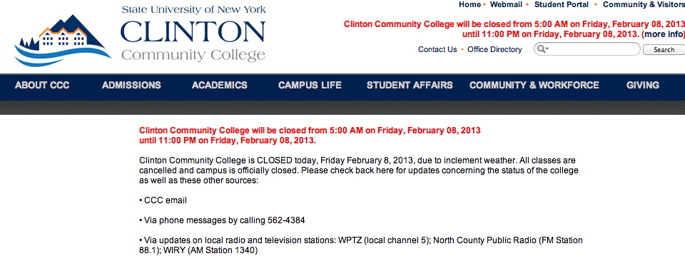 Clinton CC closed Februay 8, 2013