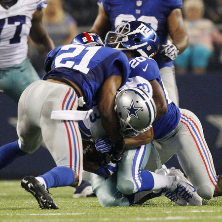 NY Giant's cornerback Prince Amukamara is hit in the game against Dallas Cowboys, leading to a concussion