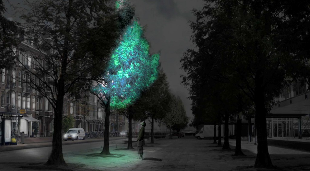 Bioluminescent Tree rendering in urban street scape