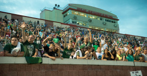 SUNY Cortland stadium filled with NY Jets fans during NFL training camp.