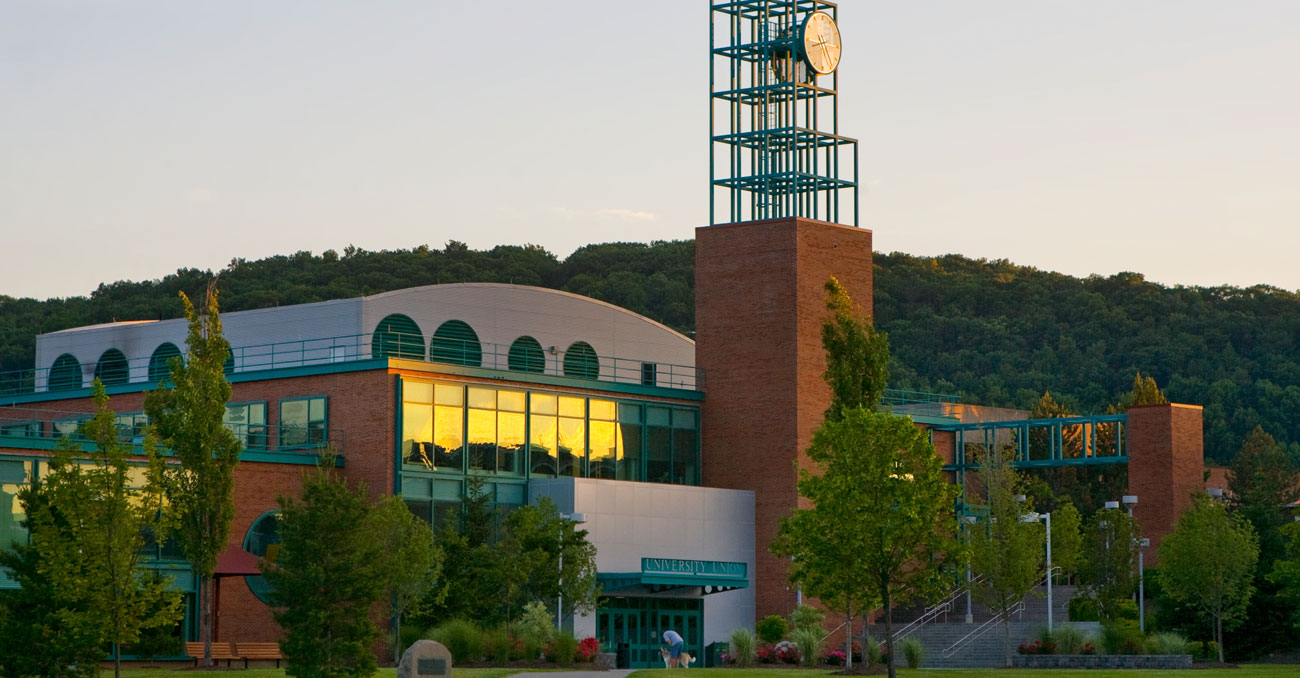 Binghamton University building at sunset