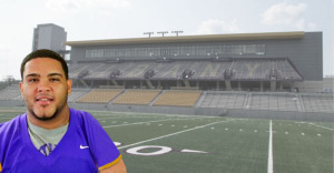 James Sanchez in front of UAlbany football stadium