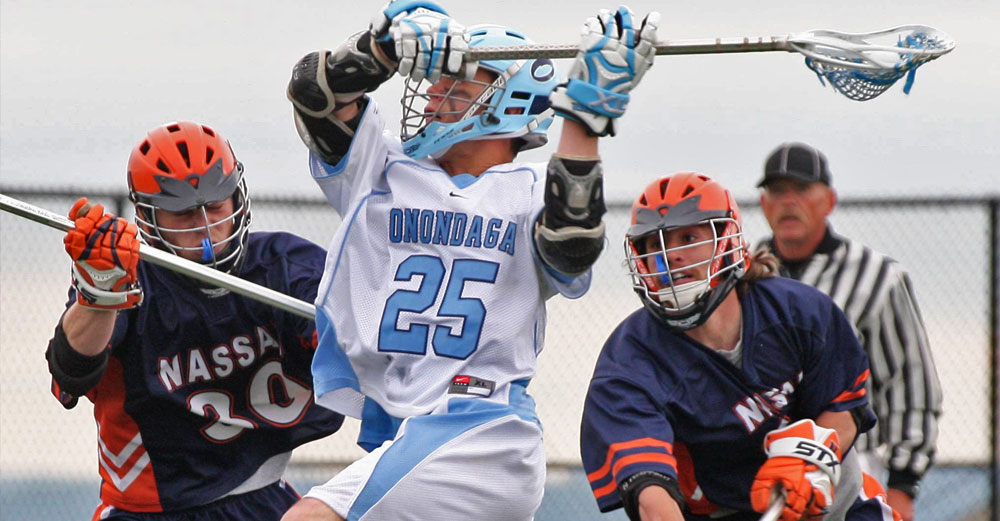 Onondaga Community College men's lacrosse player takes a shot in a game against Nassau CC.