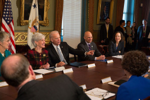 Secretary Kathleen Sebelius, Vice President Joseph Biden,  General Counsel Bill Howard, OCR Asst. Secretary Catherine Lhamon at the White House.