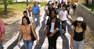 Students walking on campus at Stony Brook University