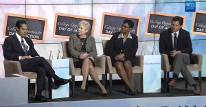 SUNY Chancellor Nancy Zimpher sits with Secretary Julian Castro, U.S. Department of Housing and Urban Development and others at the White House College Opportunity Summit
