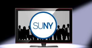 Big screen tv with actors and SUNY logo